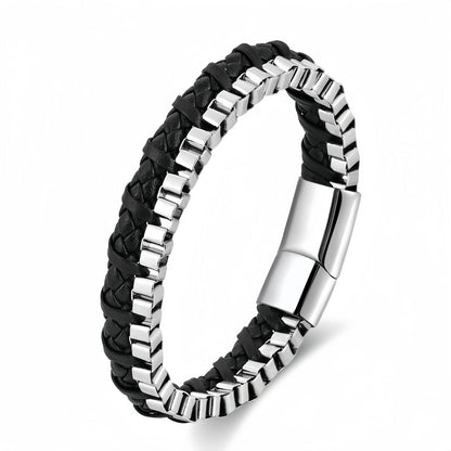 Men's Stainless Steel Chain Leather Bracelet
