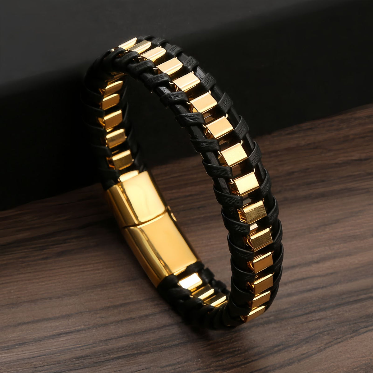 Cubic Metal Link Leather Bracelet