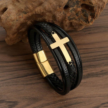 Men's Cross Leather Bracelet with Magnetic Clasp