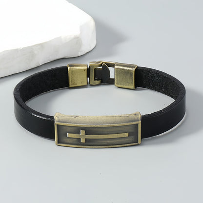 Vintage Leather Christian Cross Bracelet