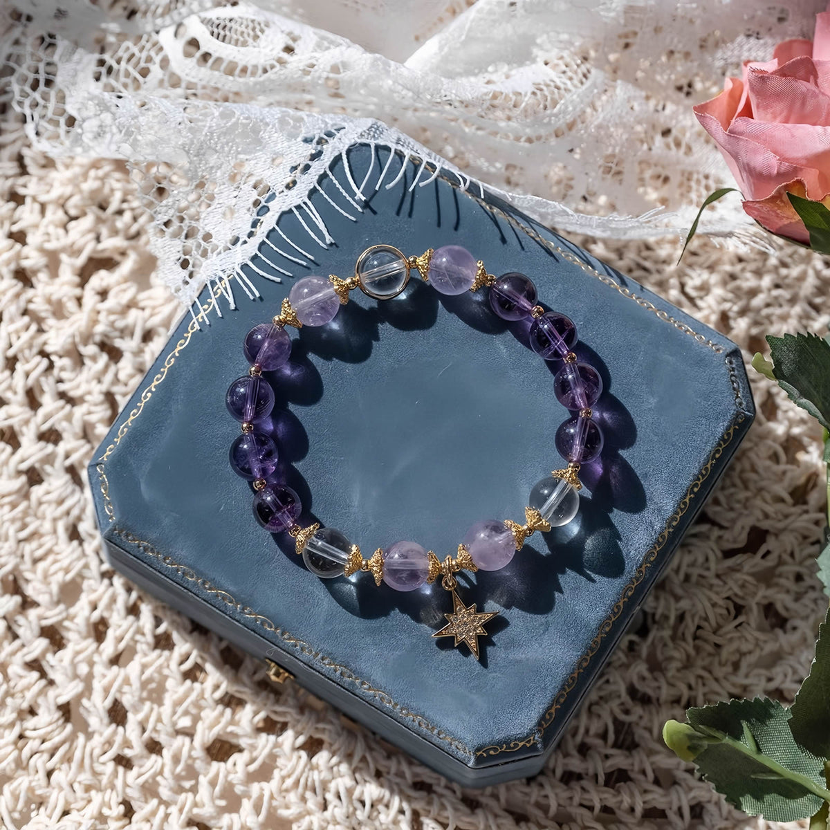 Amethyst Star Charm Beaded Bracelet