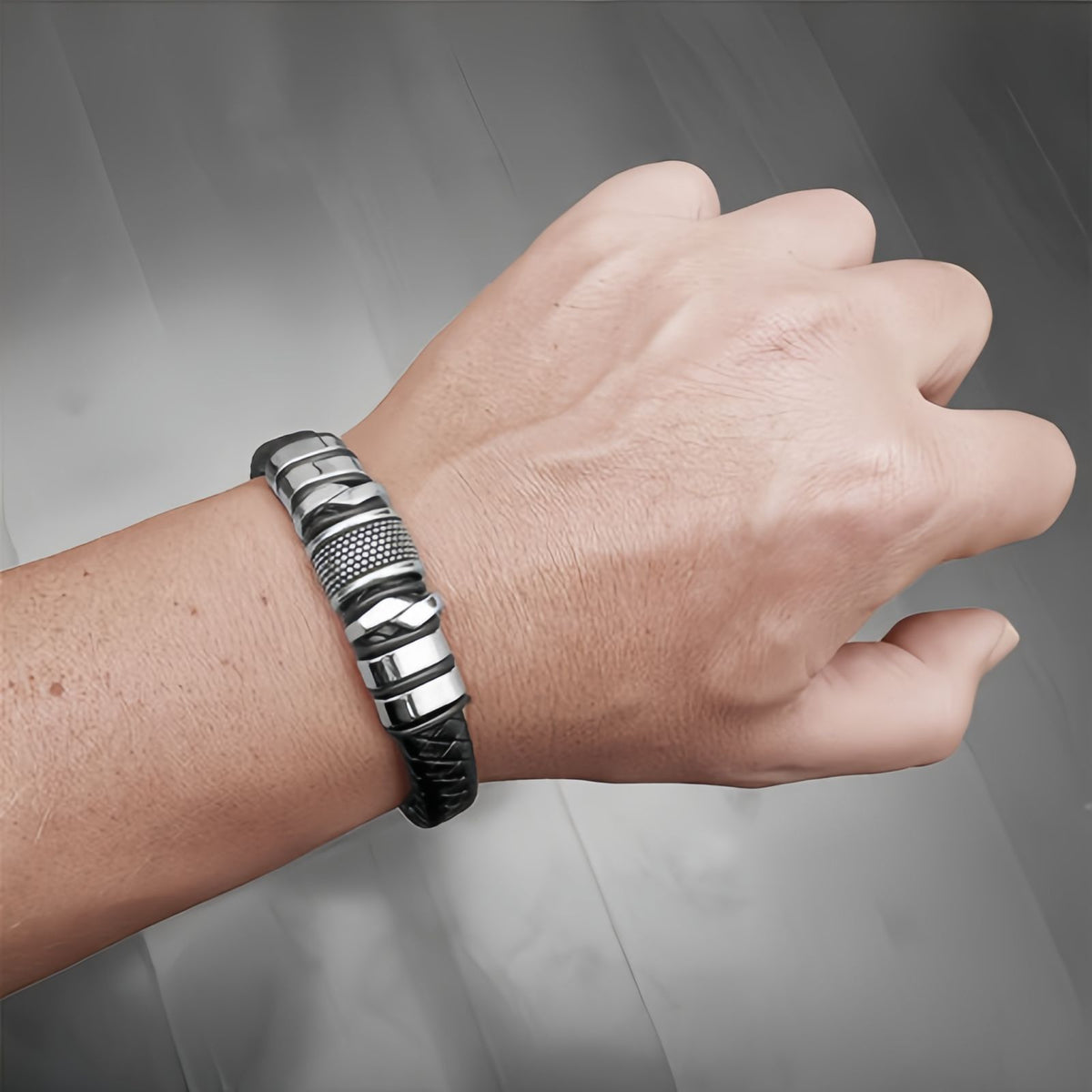 Men's Leather Bracelet with Stainless Steel Design, Braided Leather Wristband