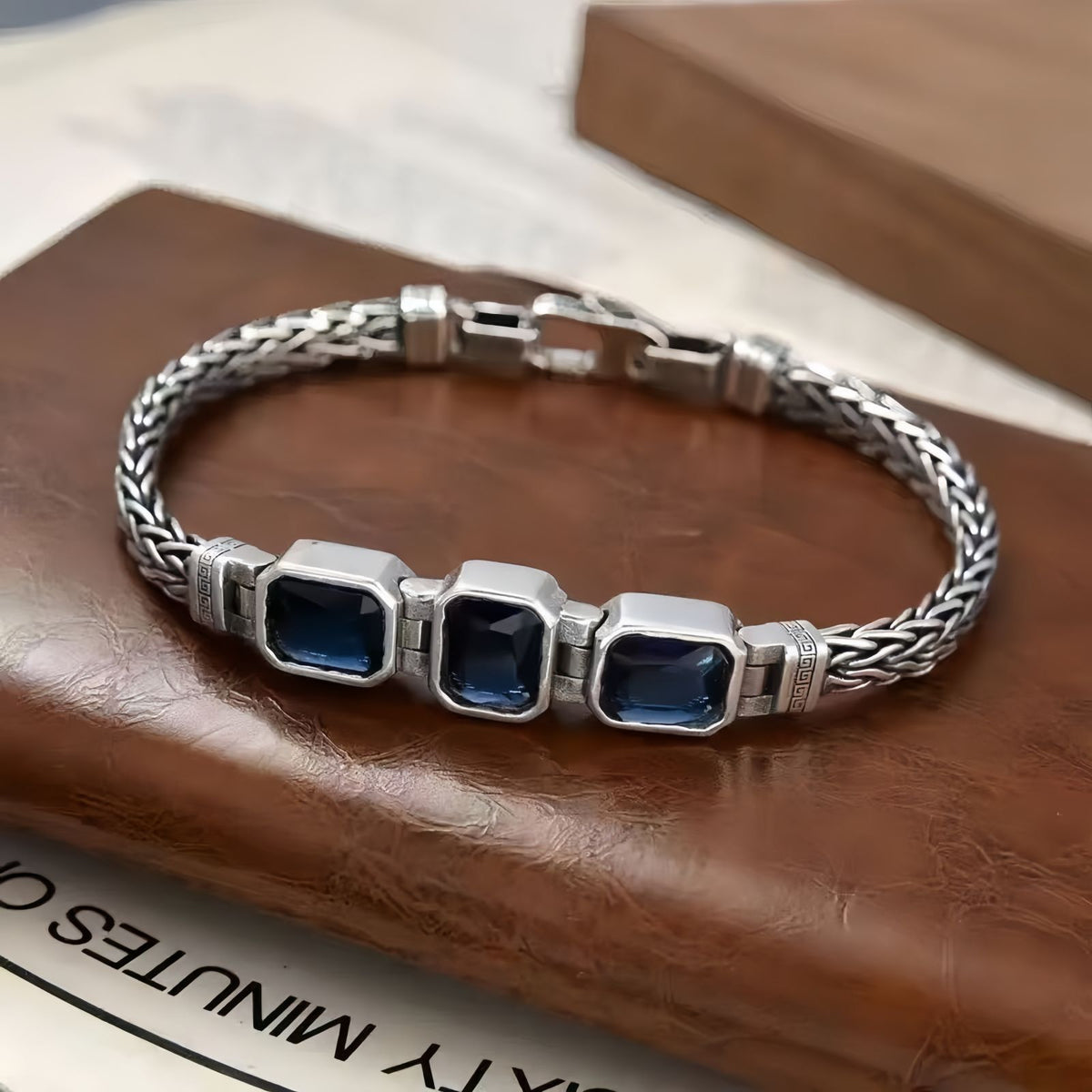 Blue Zircon Braided Chain Bracelet, Vintage Bracelet for Men and Women