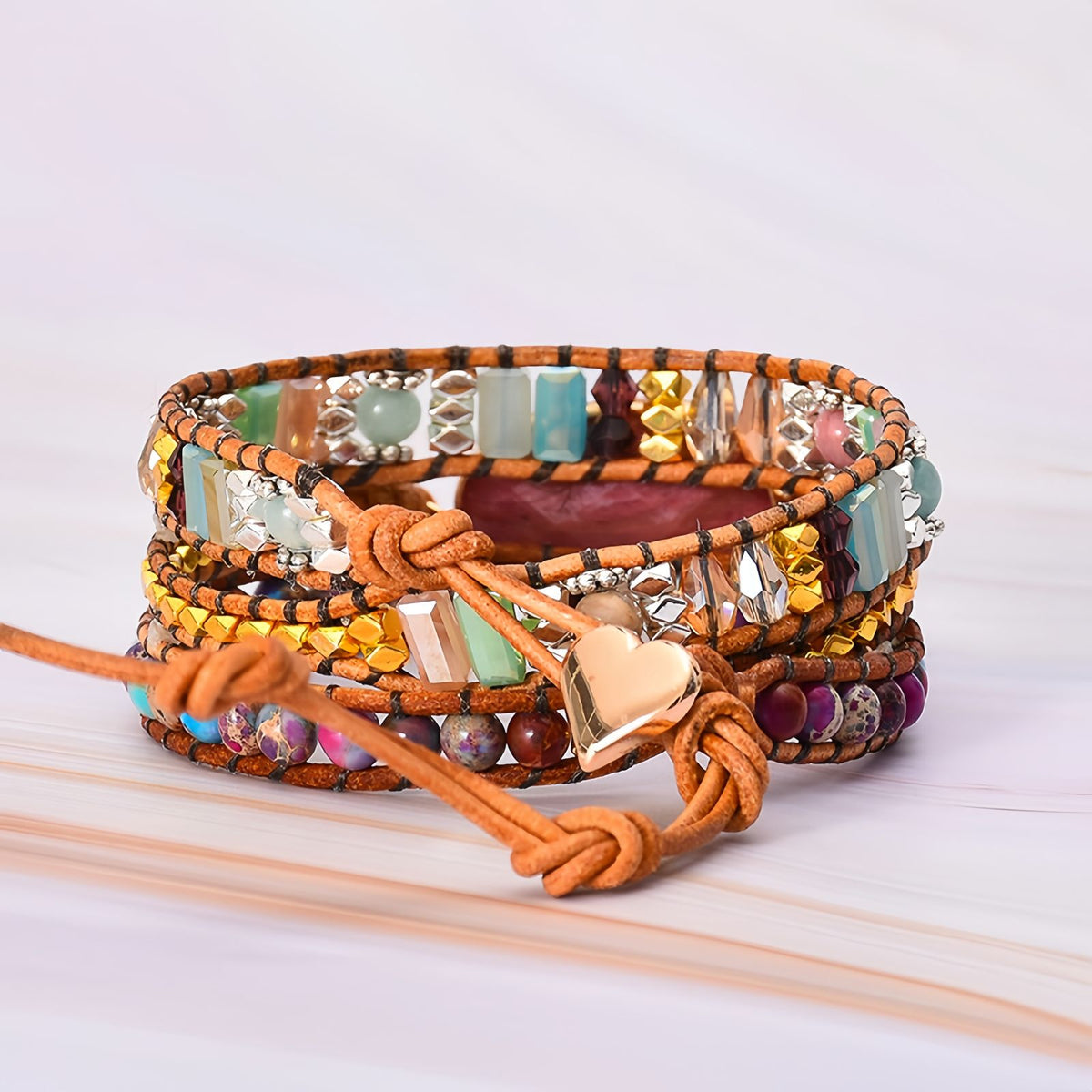 Rhodonite Wrap Bracelet for Women, Beaded Leather Bracelet, Boho Multi-Layer Design