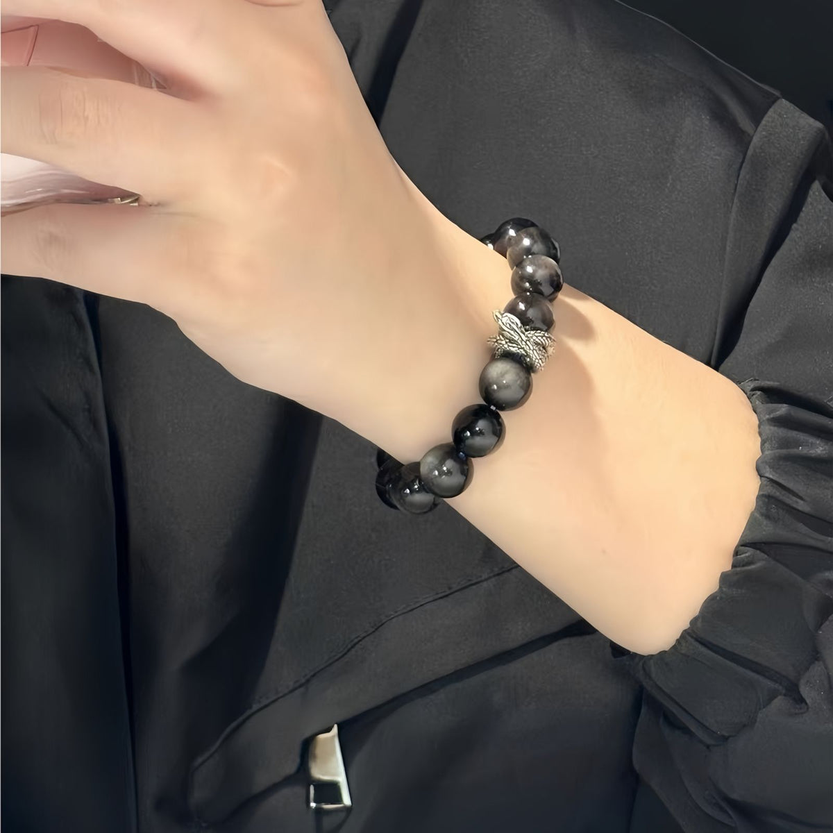 Lucky Dragon Silver Obsidian Men’s Bracelet