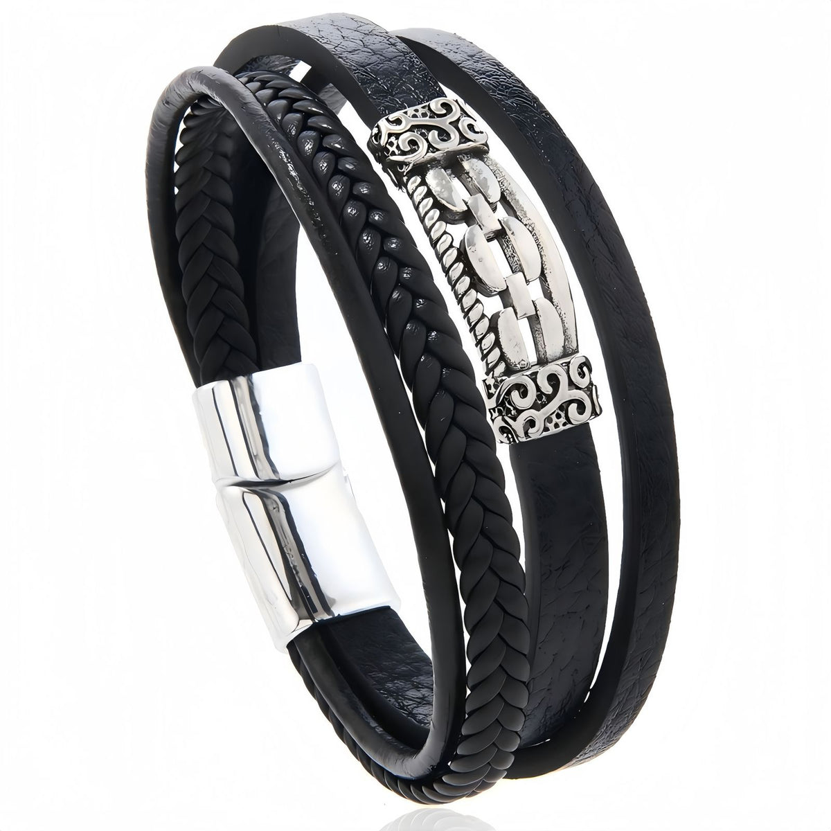 Men’s Layered Leather Bracelet with Vintage Chain Inlay