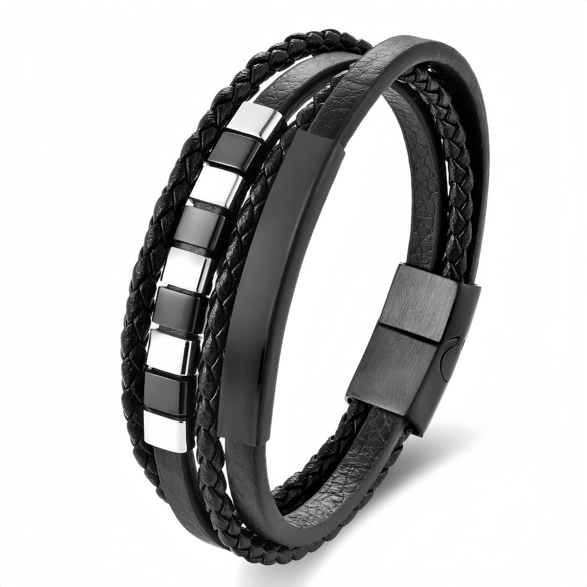 Black & White Cube Accents on Men’s Black Multi-Strand Leather Bracelet