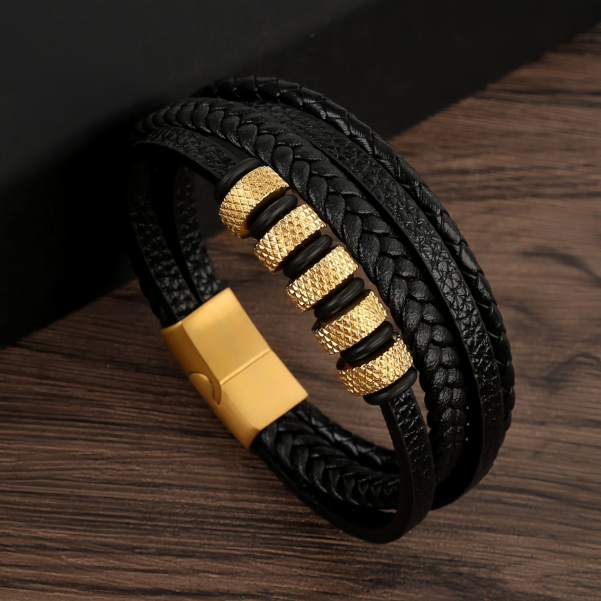 Men’s Geometric Textured Stainless Steel Leather Bracelet