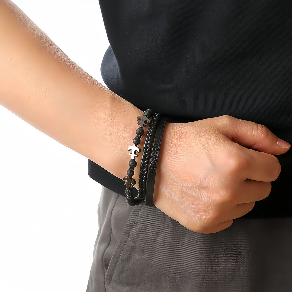 Men’s Tiger Eye Obsidian Beaded Leather Bracelet