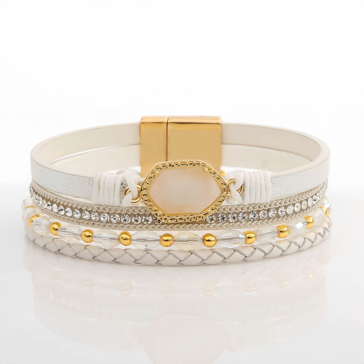 Boho Leather Wrap Bracelet with Crystal Beads & Clasp
