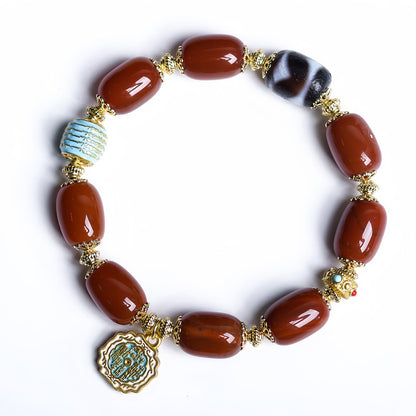 Red Agate Barrel Bead Bracelet with Gold Accents