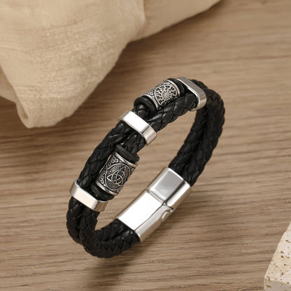 Vintage Sun-Engraved Dual-Braid Men's Leather Bracelet