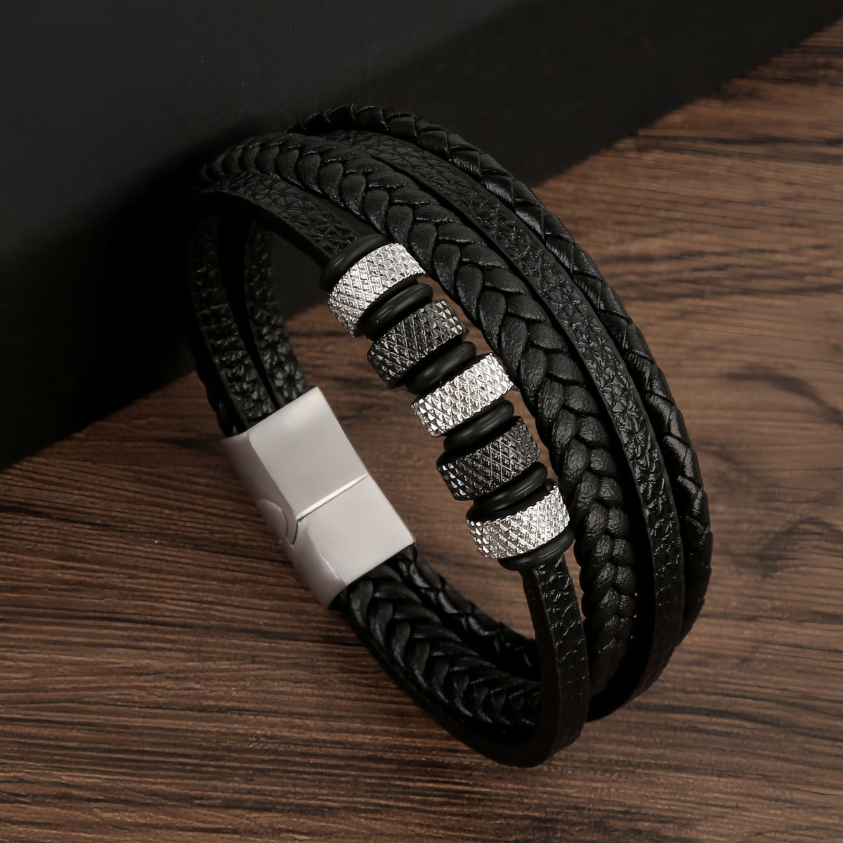 Men’s Geometric Textured Stainless Steel Leather Bracelet