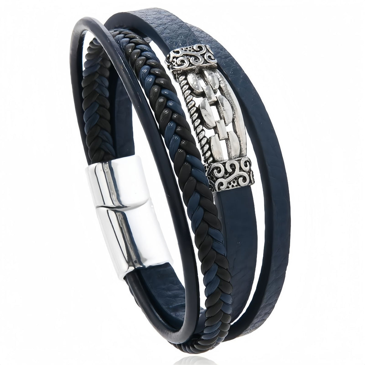 Men’s Layered Leather Bracelet with Vintage Chain Inlay