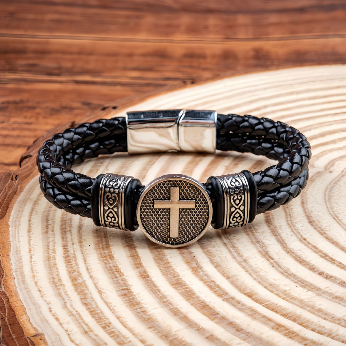 Men's Leather Round Cross Bracelet