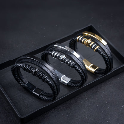 Decorative Metal Ring Men’s Leather Bracelet