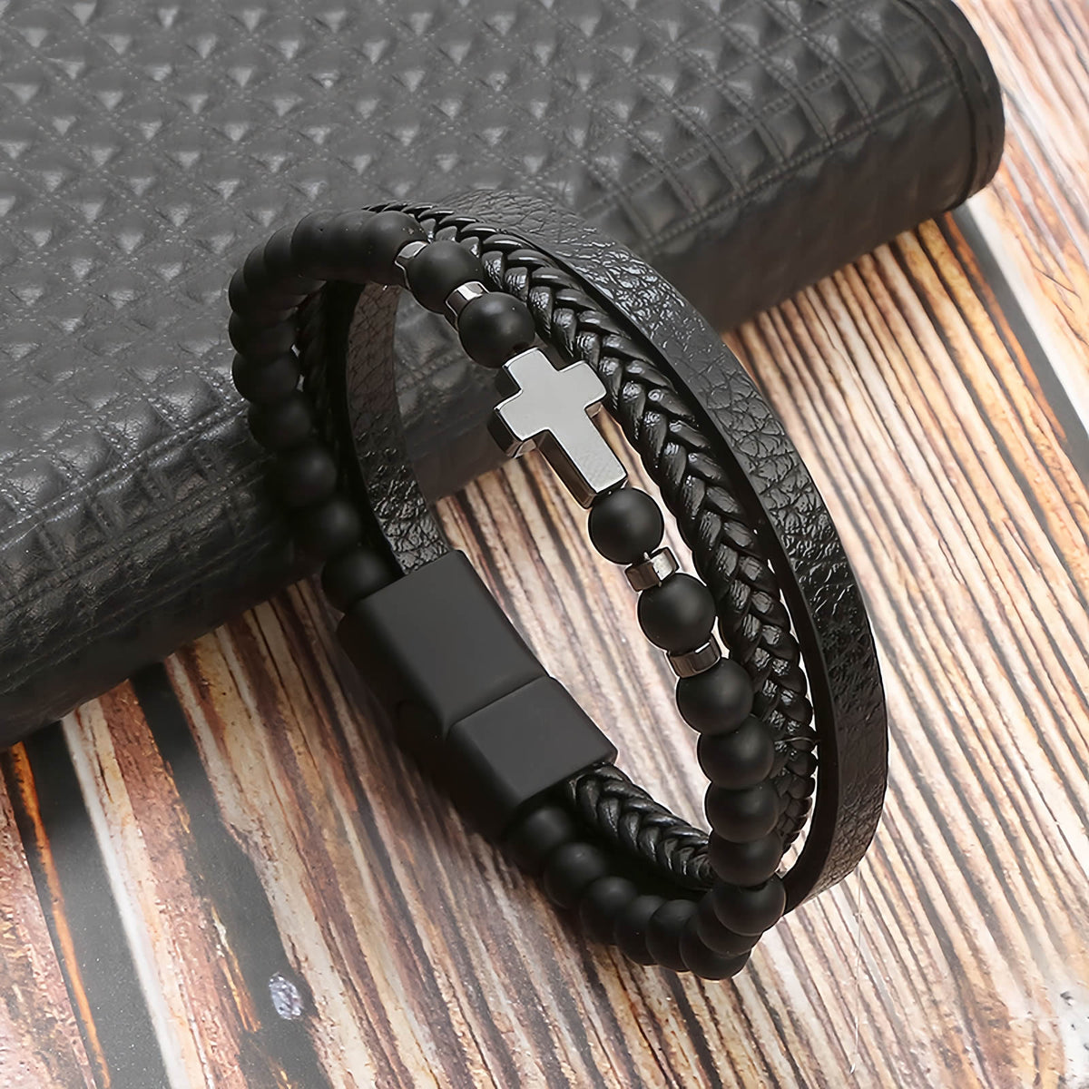 Men's Cross Natural Stone Beads Leather Bracelet