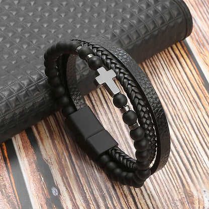 Men's Cross Natural Stone Beads Leather Bracelet