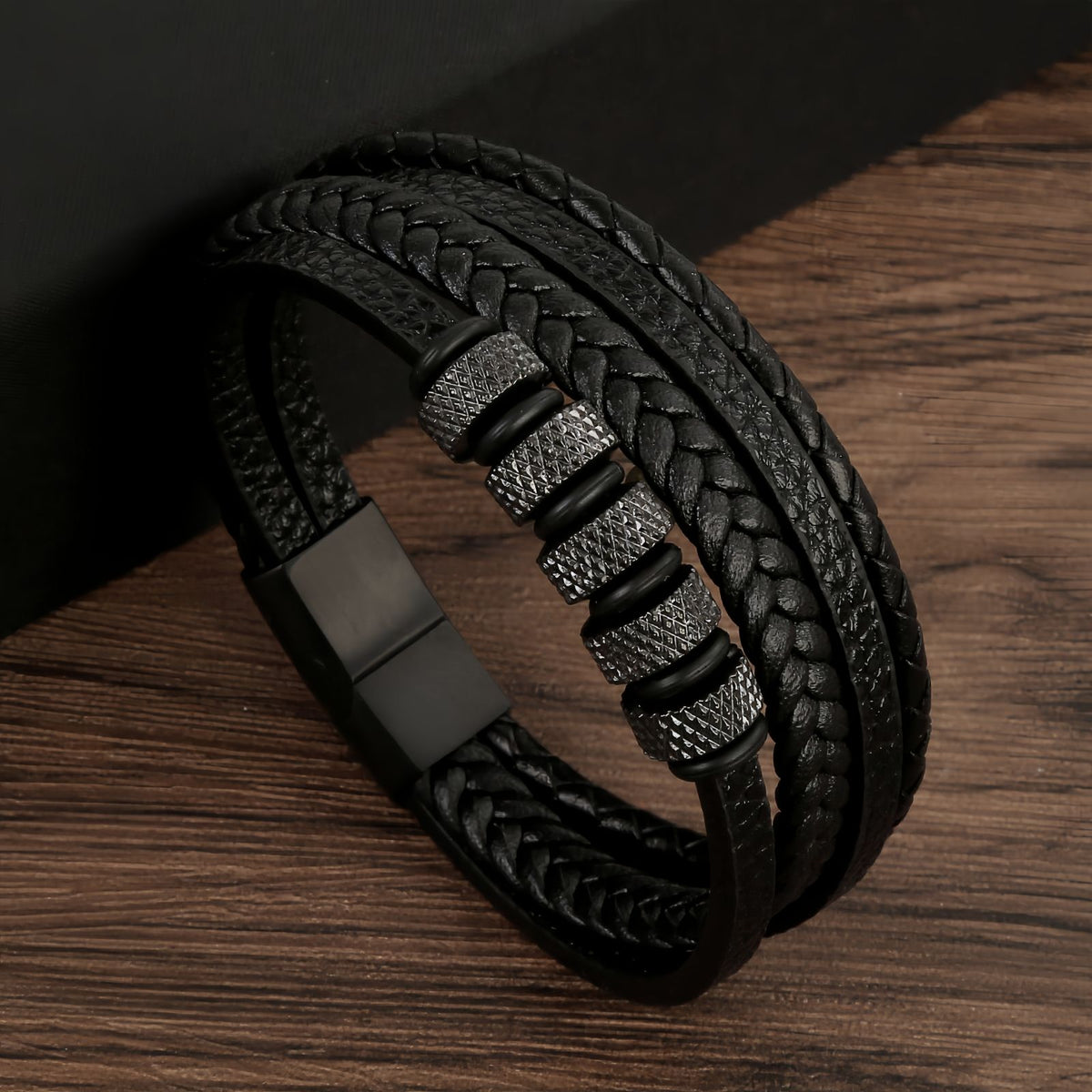 Men’s Geometric Textured Stainless Steel Leather Bracelet
