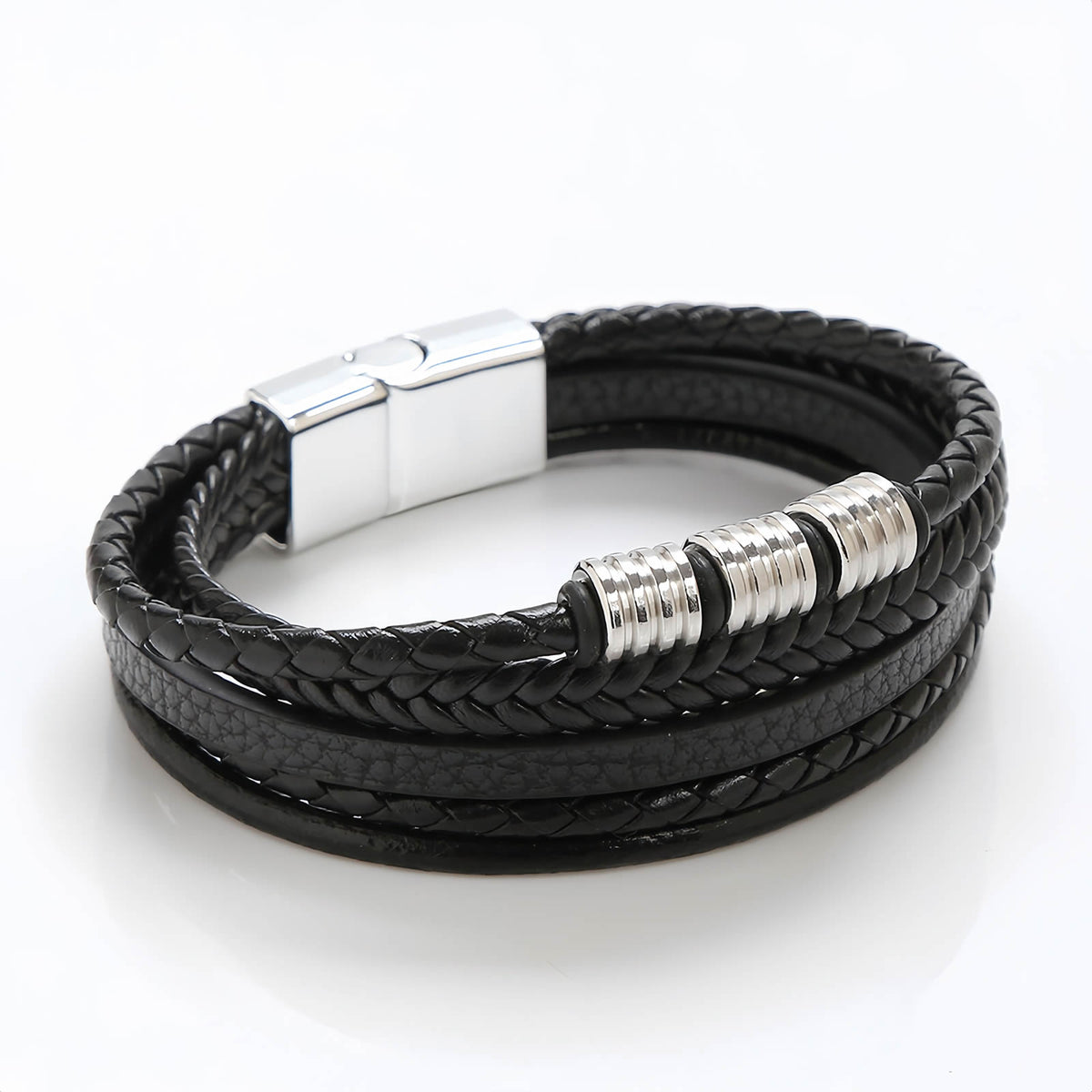 Layered Leather Bracelet with Metal Ring Accents for Men