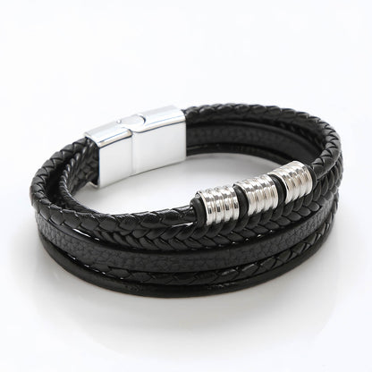 Layered Leather Bracelet with Metal Ring Accents for Men