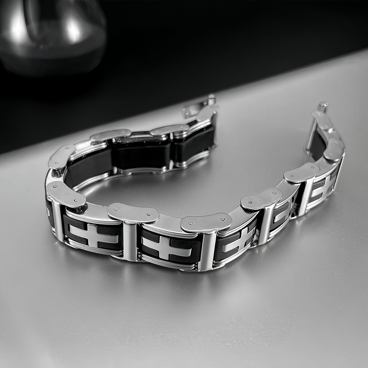 Men’s Stainless Steel Link Bracelet with Cross