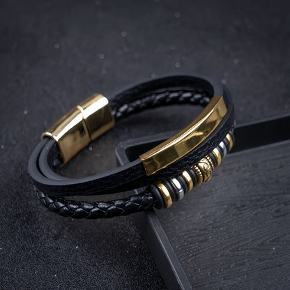 Decorative Metal Ring Men’s Leather Bracelet