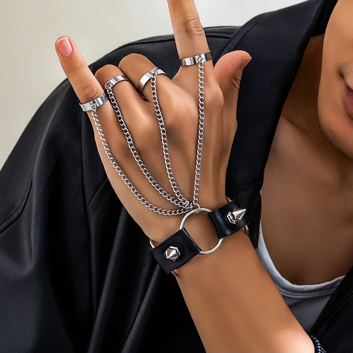 Men's Hand Chain Bracelet with Finger Rings, Gothic Punk Ring Bracelet