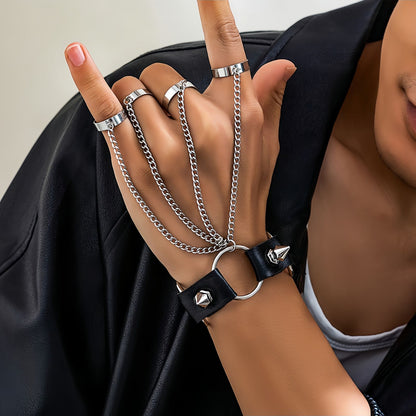 Men's Hand Chain Bracelet with Finger Rings, Gothic Punk Ring Bracelet