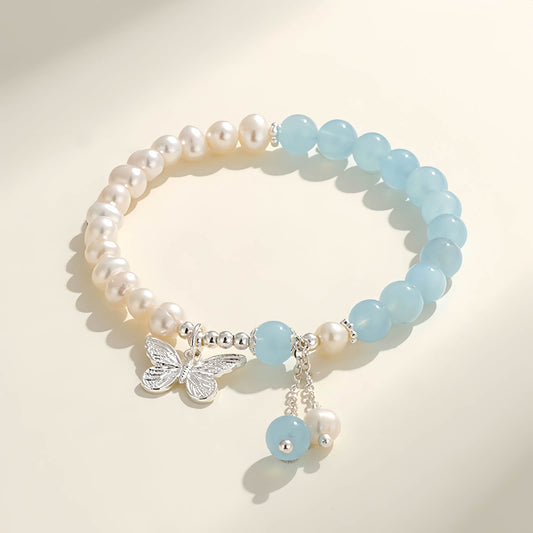 Aquamarine Crystal Beaded Bracelet with Freshwater Pearls & Butterfly Tassel Pendant