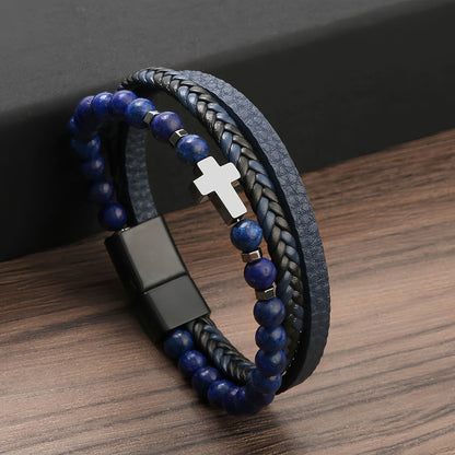 Men's Cross Natural Stone Beads Leather Bracelet