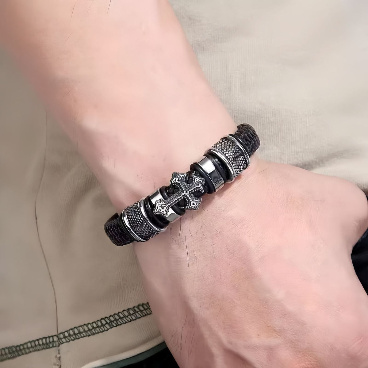 Punk-Inspired Cross Charm Men’s Double-Braided Leather Bracelet