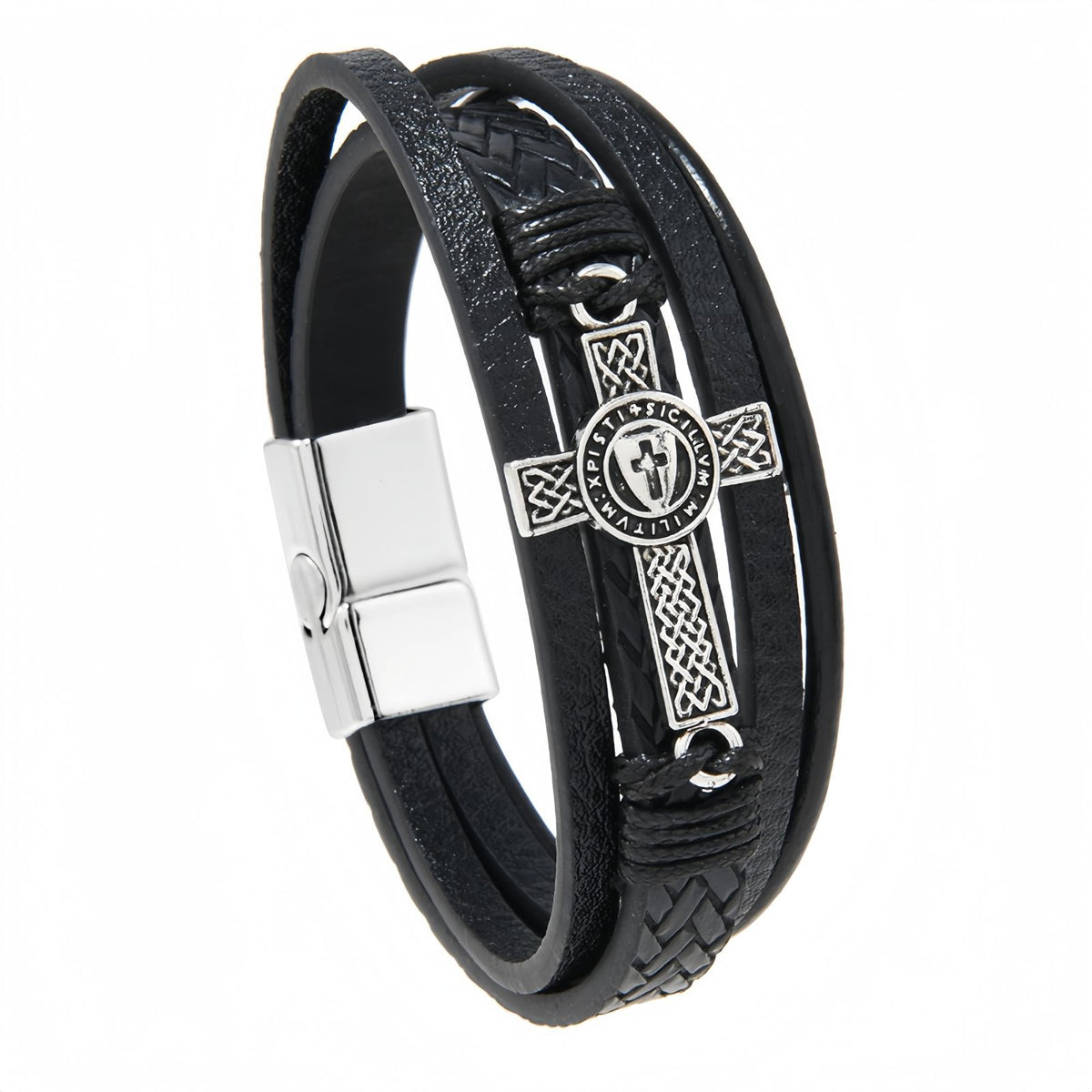 Men's Medallion Cross Braided Leather Bracelet