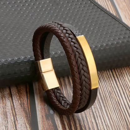 Geometric Bar Layered Leather Bracelet for Men