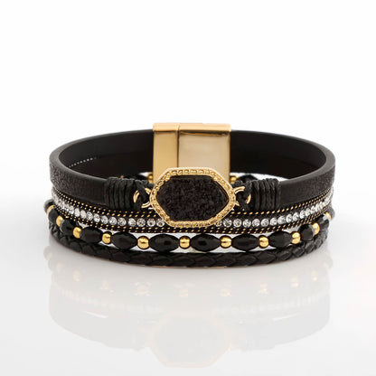 Boho Leather Wrap Bracelet with Crystal Beads & Clasp