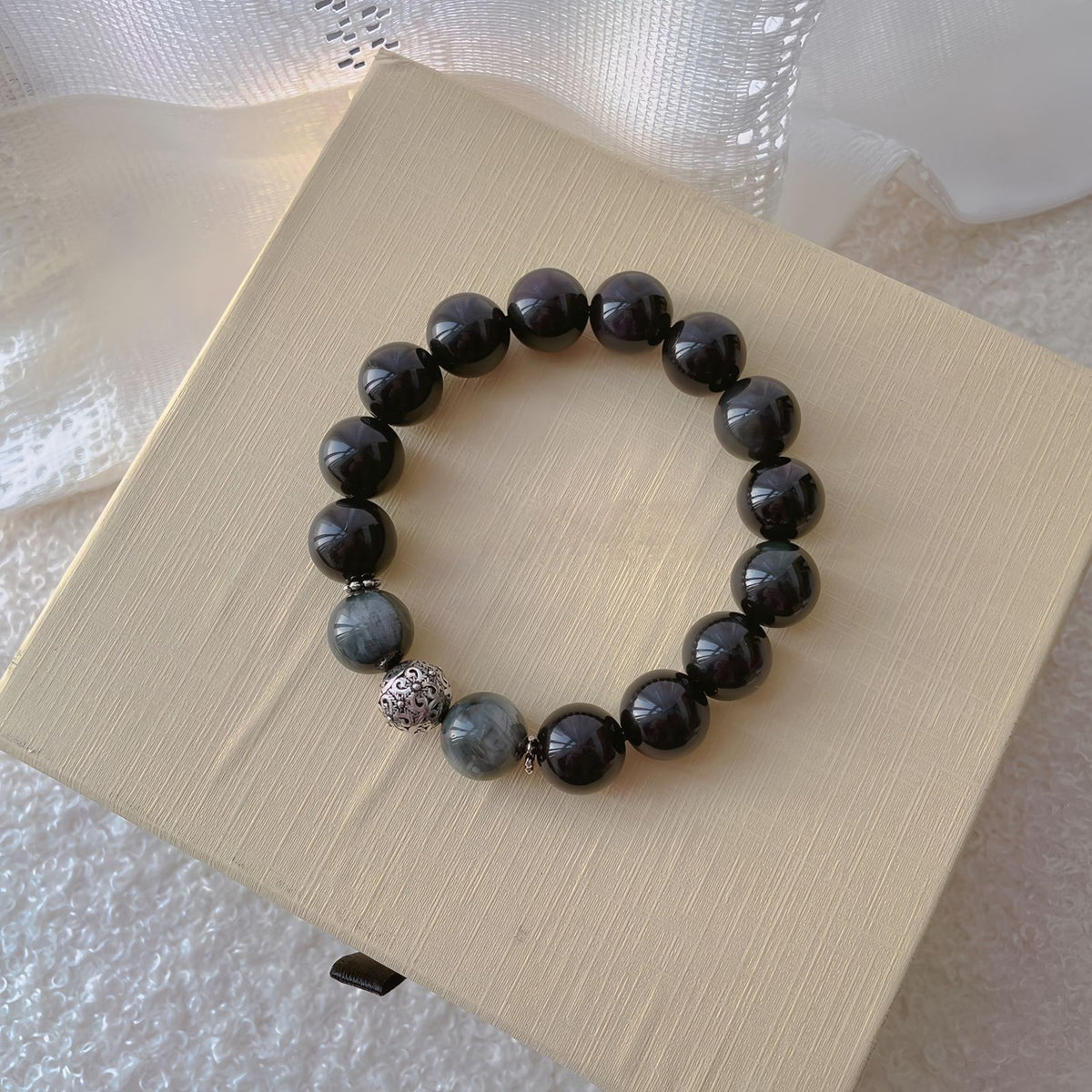 Obsidian Couple Bracelets with Bell Charms