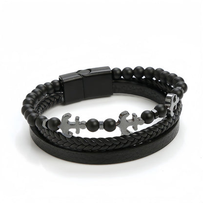Men’s Tiger Eye Obsidian Beaded Leather Bracelet