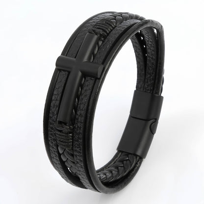 Men’s Braided Leather Bracelet with Cross Charm