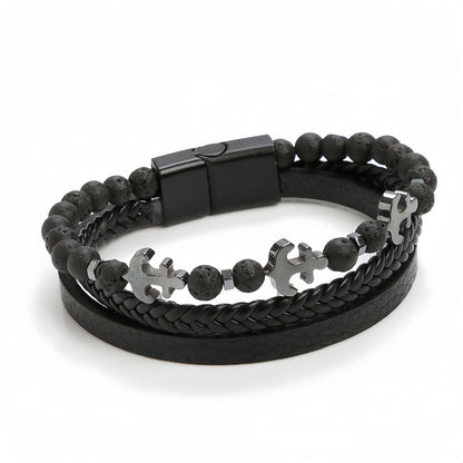 Men’s Tiger Eye Obsidian Beaded Leather Bracelet