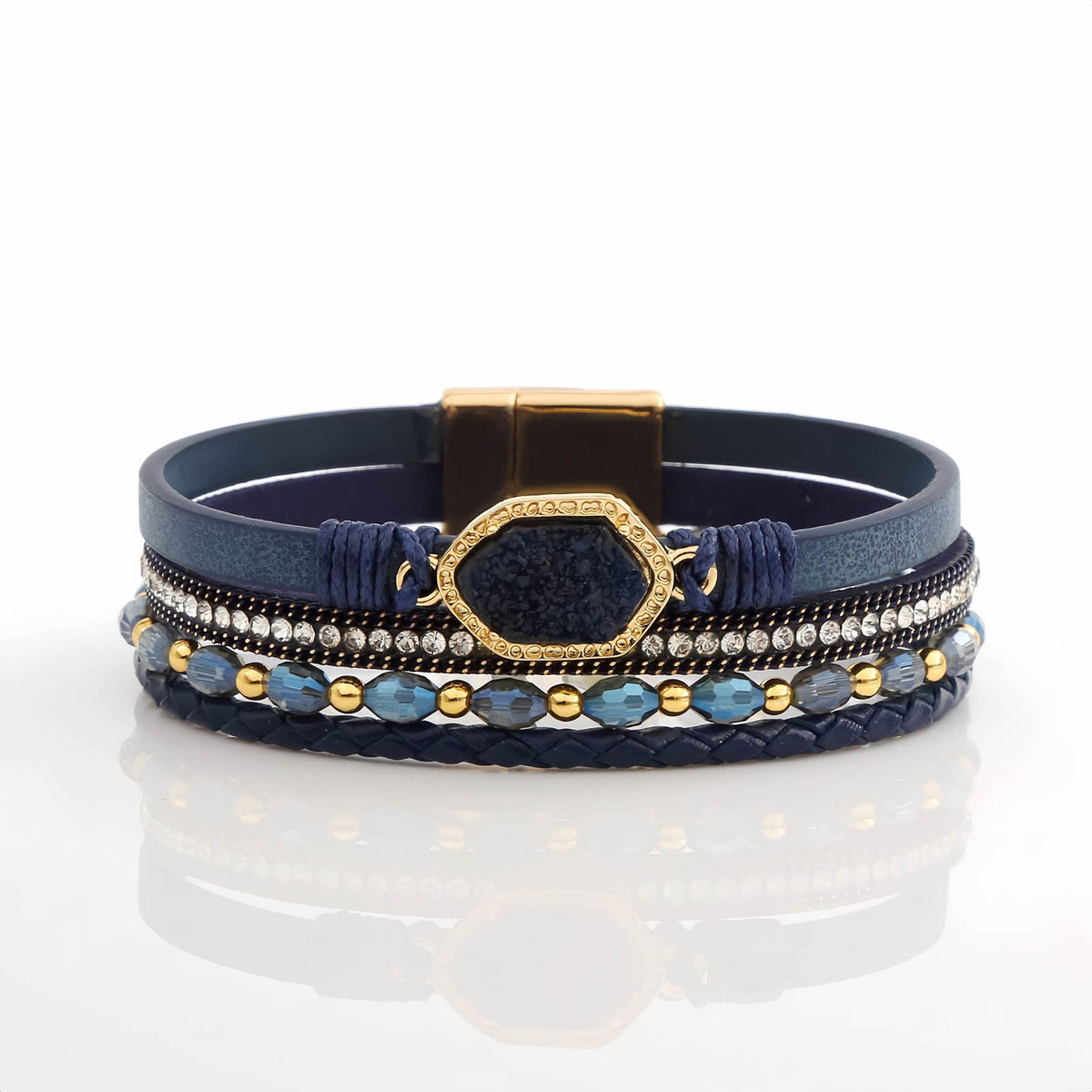 Boho Leather Wrap Bracelet with Crystal Beads & Clasp