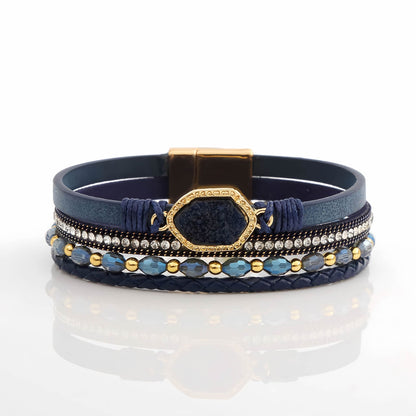 Boho Leather Wrap Bracelet with Crystal Beads & Clasp