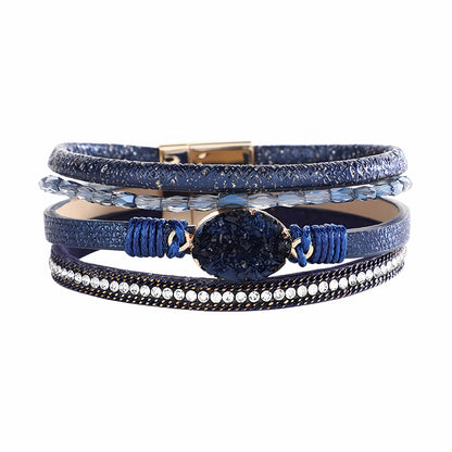 Boho Multilayer Leather Wrap Bracelet with Crystal