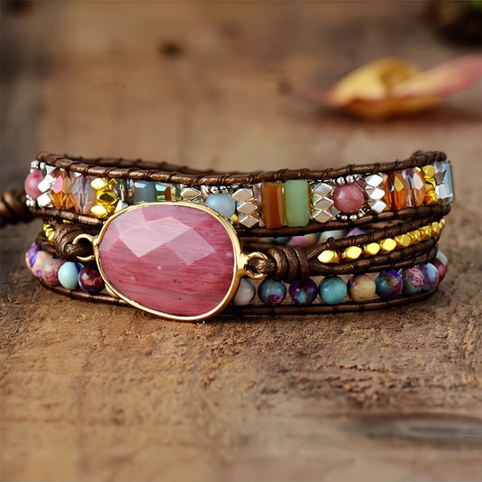 Rhodonite Wrap Bracelet for Women, Beaded Leather Bracelet, Boho Multi-Layer Design