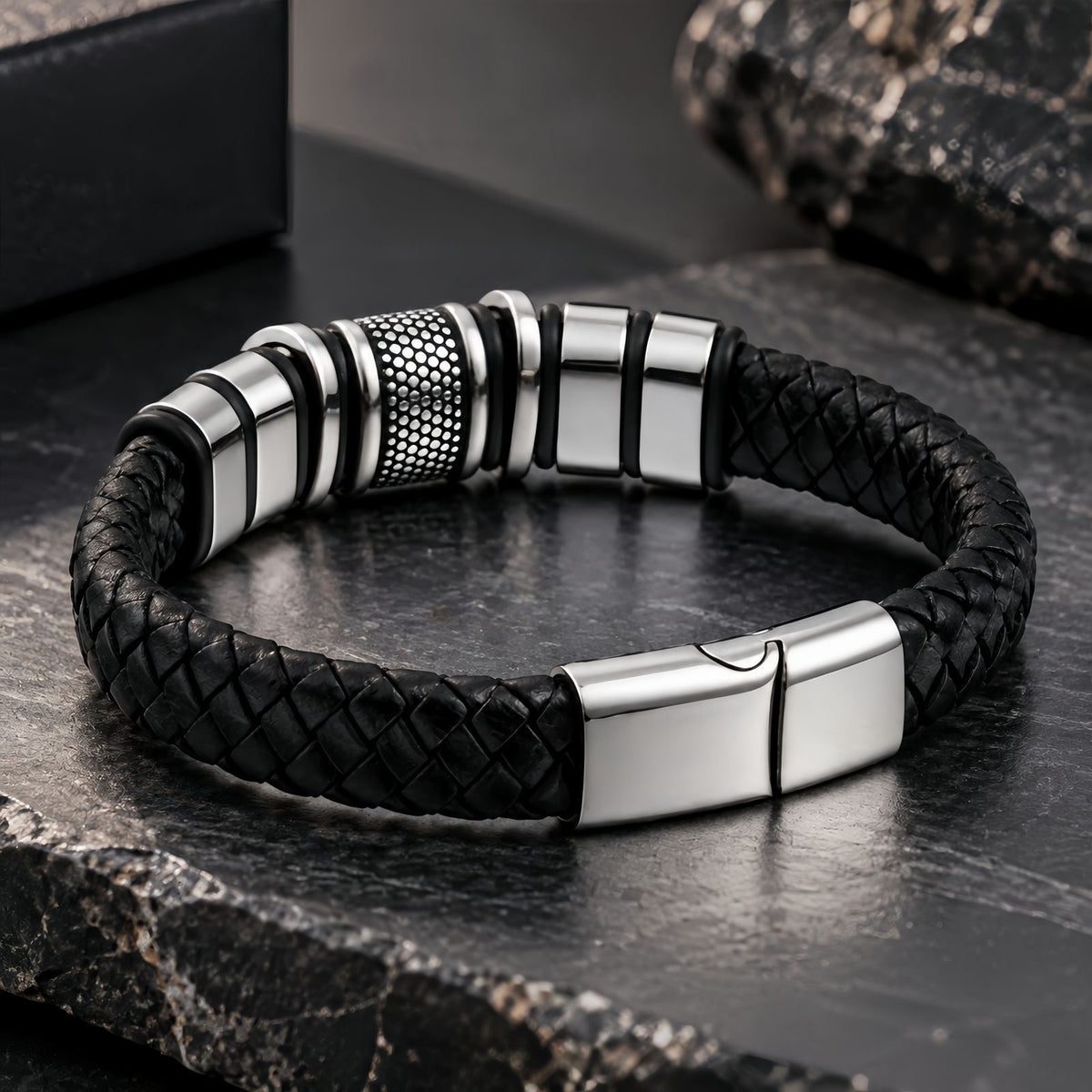 Men's Leather Bracelet with Stainless Steel Design, Braided Leather Wristband