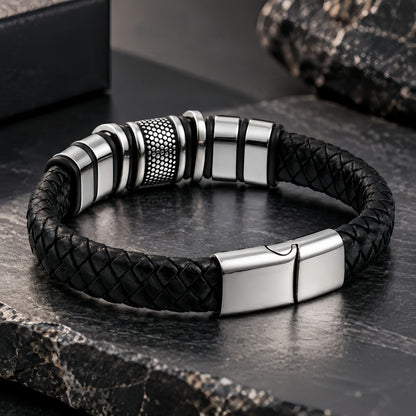 Men's Leather Bracelet with Stainless Steel Design, Braided Leather Wristband