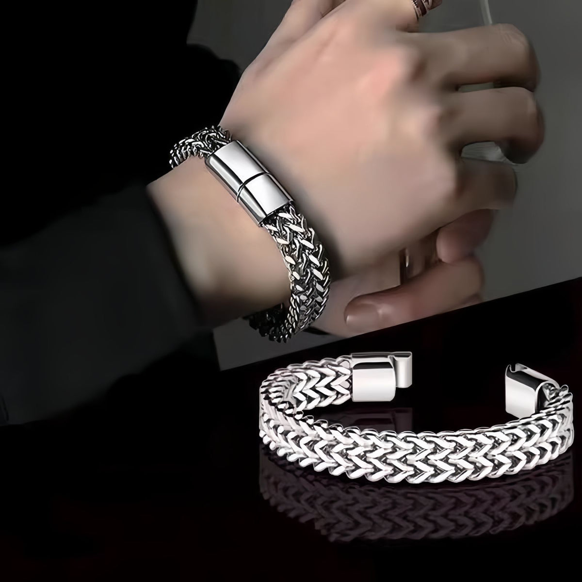 Men's Double-Row Polished Stainless Steel Bracelet