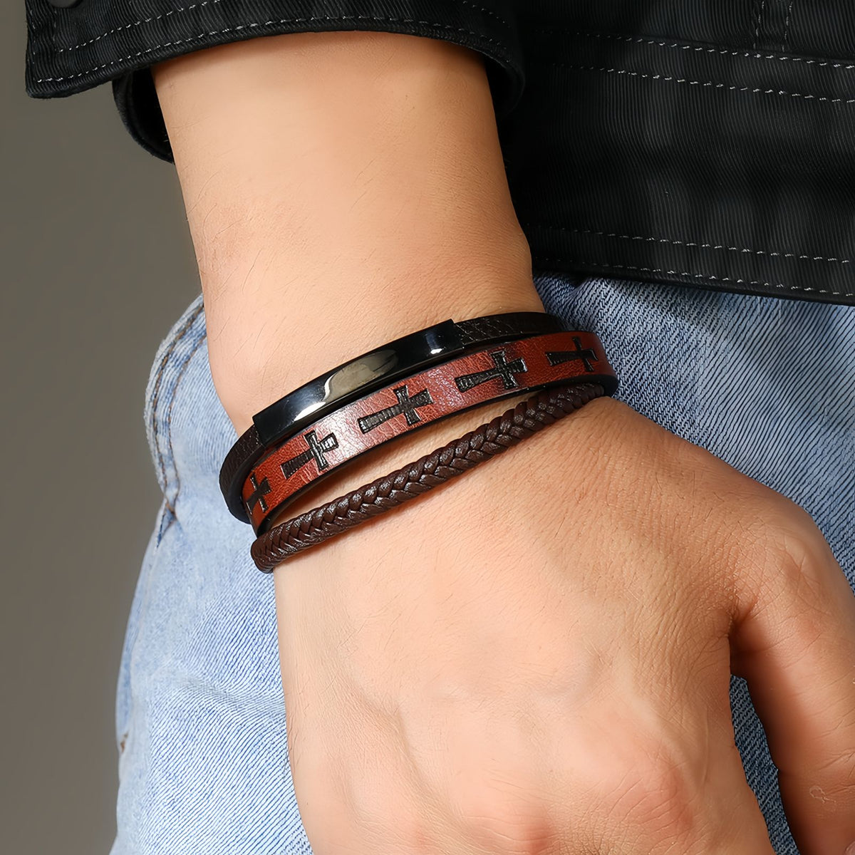 Cross Pattern Multi-Layer Men’s Leather Bracelet